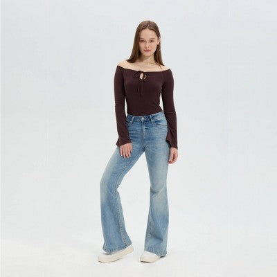  Women's Bell Long Sleeve Off The Shoulder Ruched Tie-Front Top - Wild Fable™