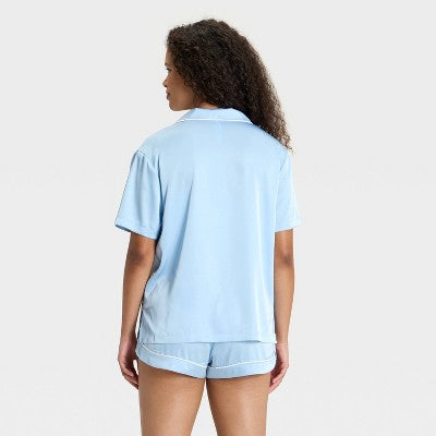  Women's Satin Short Sleeve Notch Collar Shirt And Shorts Pajama Set - Wild Fable™
