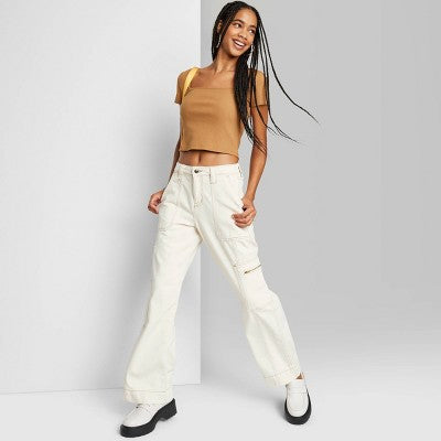  Women's High-Rise Cargo Baggy Jeans - Wild Fable™ Off-White