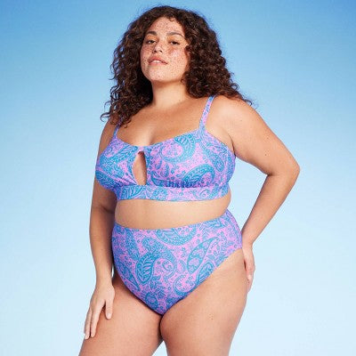 Women's Paisley Print High Waist Medium Coverage High Leg Bikini Bottom - Wild Fable™ Blue/Pink