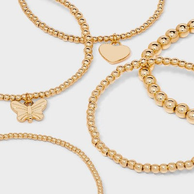  Butterfly And Heart Charm Stretch Bracelet Set 5pc - Wild Fable™ Gold