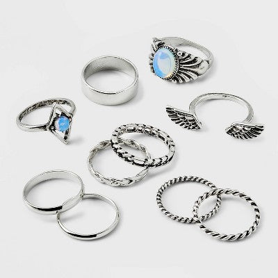  Moonstone And Frozen Chain Wings Ring Set 10pc - Wild Fable™ Silver