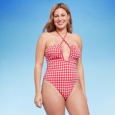  Women's Keyhole Cross Front Halter Ultra High Leg Cheeky One Piece Swimsuit - Wild Fable™ Red