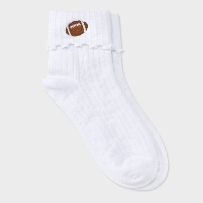  Women's Game Day Embroidered Football Pointelle Bobby Socks With Lettuce Edge Cuff - Wild Fable™