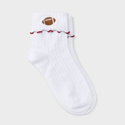  Women's Game Day Embroidered Football Pointelle Bobby Socks With Lettuce Edge Cuff - Wild Fable™