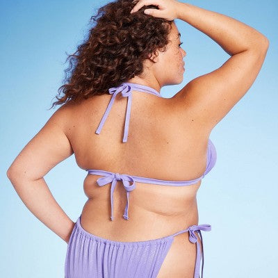  Women's Flower Charm Lurex Plisse Textured Triangle Bikini Top - Wild Fable™ Purple