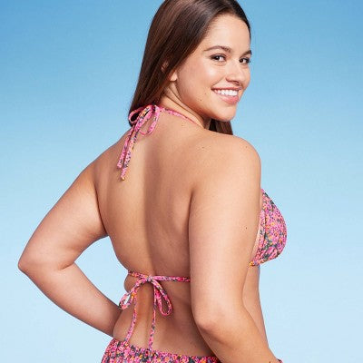  Women's Crochet Trim Triangle Bikini Top - Wild Fable™ Pink Floral Print