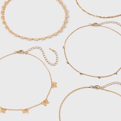  Dainty Chain With Butterfly Charm Choker Necklace Set 5pc - Wild Fable™ Gold: Brass Material, Lobster Claw Clasp, 12" Length