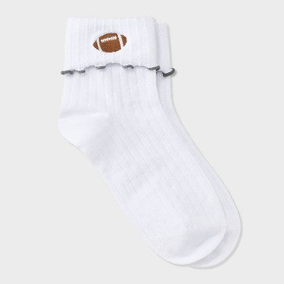  Women's Game Day Embroidered Football Pointelle Bobby Socks With Lettuce Edge Cuff - Wild Fable™
