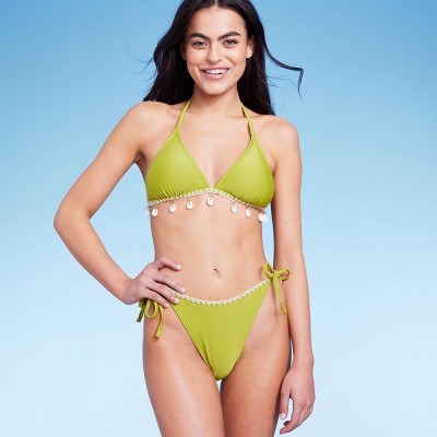  Women's Crochet Trim Side-Tie High Leg Extra Cheeky Bikini Bottom - Wild Fable™ Green