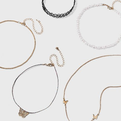  Butterfly And Pearl Heart Choker Necklace Set 5pc - Wild Fable™ Gold