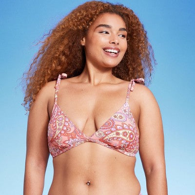  Women's Shoulder Tie Bralette Bikini Top - Wild Fable™ Peach Paisley Print