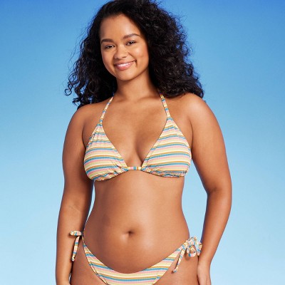  Women's Ribbed Triangle Bikini Top - Wild Fable™ Blue/Green/Pink Striped