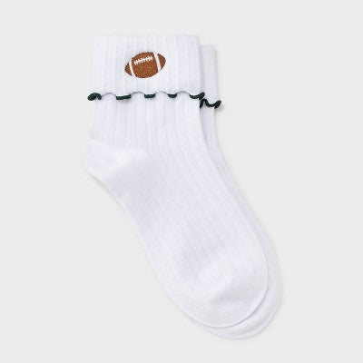  Women's Game Day Embroidered Football Pointelle Bobby Socks With Lettuce Edge Cuff - Wild Fable™