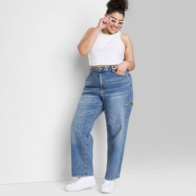 Women's High-Rise 90's Relaxed Slashed Straight Jeans - Wild Fable™ Medium Wash