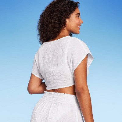  Women's Tie-Front Cover Up Short Sleeve Crop Top - Wild Fable™ White