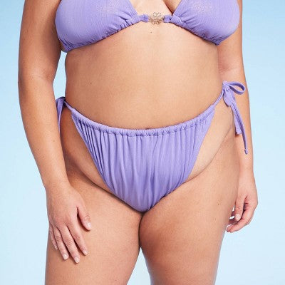  Women's Side-Tie Extra Cheeky High Leg Lurex Plisse Textured Bikini Bottom - Wild Fable™ Purple