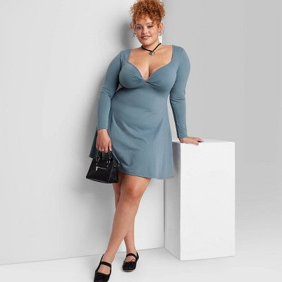  Women's Long Sleeve Twist-Front Mini Knit Skater Dress - Wild Fable™
