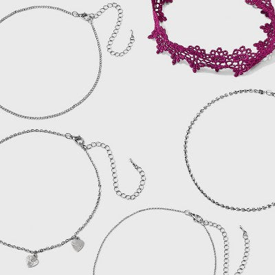  Lace Heart And Rose Cross Choker Necklace Set 5pc - Wild Fable™ Silver