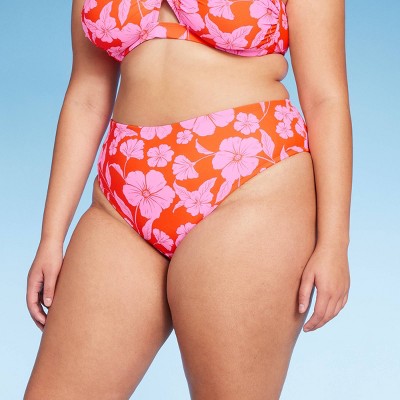  Women's High Leg Extra Cheeky Low-Rise Bikini Bottom - Wild Fable™ Orange/Pink Tropical Print