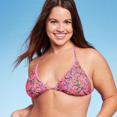 Women's Crochet Trim Triangle Bikini Top - Wild Fable™ Pink Floral Print