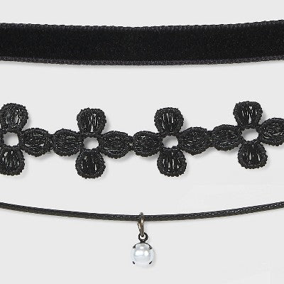  Velvet And Simulated Pearl Charm Choker Set 5pc - Wild Fable™ Black