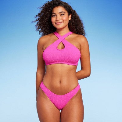  Women's Cross Front Pucker Textured Halter Bikini Top - Wild Fable™