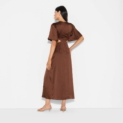  Women's Flutter Sleeve Satin Cap Maxi Bodycon Dress - Wild Fable™ Dark Brown