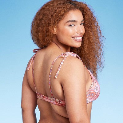  Women's Shoulder Tie Bralette Bikini Top - Wild Fable™ Peach Paisley Print