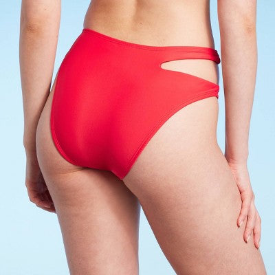  Women's Side Cut Out Mid-Rise High Leg Cheeky Bikini Bottom - Wild Fable™ Red