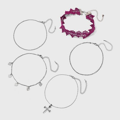  Lace Heart And Rose Cross Choker Necklace Set 5pc - Wild Fable™ Silver
