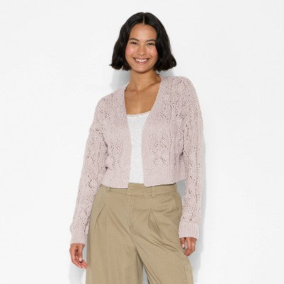  Women's Long Sleeve Shawl Collar Open Work Cardigan - Wild Fable™