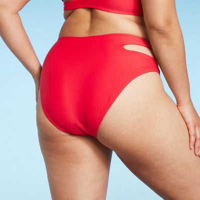  Women's Side Cut Out Mid-Rise High Leg Cheeky Bikini Bottom - Wild Fable™ Red